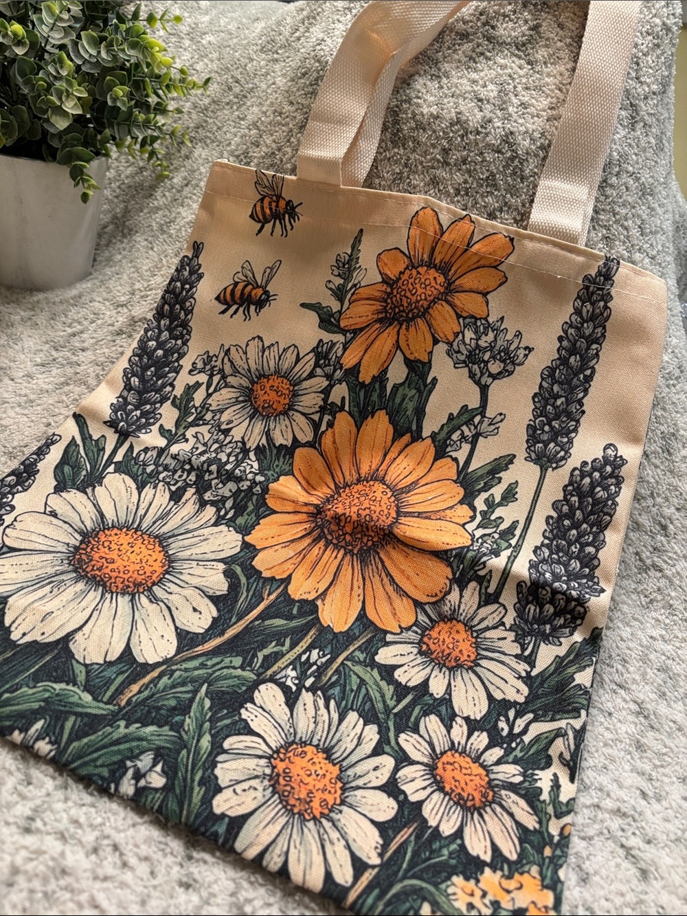 Bee Flower Garden Cotton Tote Bag NWT 13.25x16”